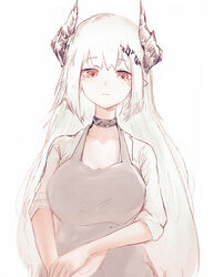  albino alternate_costume apron arknights breasts brown_apron cleavage closed_mouth collar collarbone expressionless female hair_ornament horns infection_monitor_(arknights) large_breasts long_hair long_sleeves looking_at_viewer mudrock_(arknights) red_eyes runamonet shirt simple_background solo upper_body very_long_hair white_background white_hair white_shirt 