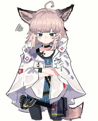  absurdres ahoge animal_ear_fluff animal_ears arknights black_choker black_pantyhose blue_eyes blue_shirt blush choker closed_mouth collarbone commentary_request cropped_legs crossed_arms female fox_ears fox_girl fox_tail gloves highres infection_monitor_(arknights) jacket material_growth open_clothes open_jacket oripathy_lesion_(arknights) pantyhose ryu_(17569823) shirt simple_background solo squiggle sussurro_(arknights) tail v-shaped_eyebrows white_background white_gloves white_jacket 