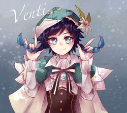  1boy \m/ absurdres amahara_nue beret black_hair blue_hair bow braid cape closed_mouth flower frilled_sleeves frills gem genshin_impact gradient_hair green_eyes green_hat grey_background hair_between_eyes hand_in_own_hair hat hat_flower highres holding holding_own_hair jewelry leaf long_sleeves looking_at_viewer male_focus multicolored_hair otoko_no_ko simple_background smile solo twin_braids venti_(genshin_impact) white_flower 