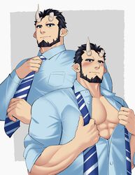  1boy bara beard black_hair blue_shirt blush broken_horn closed_mouth demon_boy demon_horns facial_hair highres horns kansuke_(kansuke_717) large_pectorals live_a_hero male_focus muscular muscular_male necktie nessen_(live_a_hero) partially_unbuttoned pectorals shirt short_hair smile solo undone_necktie 