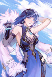  arm_behind_head arm_up armpits bare_shoulders blue_dress blue_eyes blue_hair breasts center_opening cleavage cloud commentary_request cowboy_shot detached_sleeves dice do_myzu dress female fishnets fur_trim genshin_impact gold_trim highres jewelry looking_at_viewer medium_breasts medium_hair mole mole_on_breast necklace open_mouth outdoors parted_lips presenting_armpit single_bare_arm single_detached_sleeve sky solo tassel yelan_(genshin_impact) 