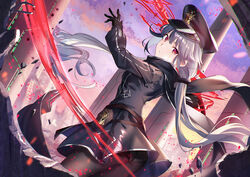  black_hat black_pantyhose black_scarf collared_dress dress duel_monster female gloves glowing glowing_sword glowing_weapon grey_hair hat highres innertube ldfe_mk2 long_hair long_tail low_twintails military military_hat military_uniform pantyhose peaked_cap red_eyes scarf sky_striker_ace_-_roze solo swim_ring sword tail twintails two-tone_dress uniform very_long_hair weapon yu-gi-oh! 