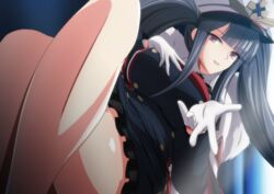  azur_lane bare_legs black_hair breasts crossed_legs female gloves hand_on_breast hat highres large_breasts long_bangs long_hair looking_at_viewer makiri_akira military military_hat military_uniform peaked_cap peter_strasser_(azur_lane) pleated_skirt red_eyes skirt solo thighs twintails uniform white_gloves 