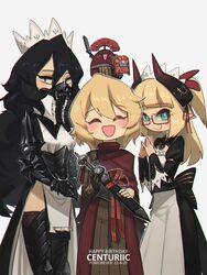  1other 3girls :d ^_^ absurdres arm_armor armor birthday black_eyes black_hair black_legwear blonde_hair blue_eyes borrowed_character bow cape centurii-chan closed_eyes dated english_commentary english_text executioner_maid_(centuriic) flareze_(porforever) glasses highres horns long_sleeves looking_at_viewer maid_headdress mask medium_hair mouth_mask multiple_girls open_mouth original pelvic_curtain pointy_ears porforever red_cape sheath sheathed simple_background skirt smile straight-on sword thighhighs weapon white_background 