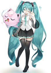  absurdres aqua_eyes aqua_hair aqua_nails aqua_ribbon bare_shoulders beamed_eighth_notes black_legwear black_skirt closed_eyes commentary crossover detached_sleeves female floating full_body hair_ornament half-closed_eye hatsune_miku hatsune_miku_(nt) high_heels highres jigglypuff layered_sleeves long_hair microphone miniskirt music musical_note nail_polish neck_ribbon one_eye_closed open_mouth piano_print piapro pleated_skirt pokemon pokemon_(creature) quarter_note reirou_(chokoonnpu) ribbon rubbing_eyes see-through see-through_legwear see-through_sleeves shirt shoulder_tattoo singing skirt sleepy sleeveless sleeveless_shirt smile staff_(music) standing symbol-only_commentary tattoo thighhighs twintails very_long_hair vocaloid white_shirt white_sleeves zettai_ryouiki 