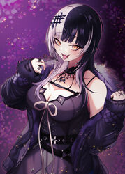  absurdres black_choker black_coat black_gloves black_hair breasts chest_strap choker cleavage coat elbow_gloves fangs female fur-trimmed_coat fur_trim gloves grey_hair highres hololive hololive_english jewelry kaiju_ryoku lace-trimmed_choker lace_trim large_breasts long_hair looking_at_viewer multicolored_hair open_mouth ring shiori_novella shiori_novella_(1st_costume) solo split-color_hair striped_clothes striped_gloves tongue tongue_out virtual_youtuber yellow_eyes 