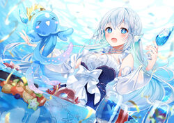  a20_(atsumaru) aitsuki_nakuru blue_eyes blush bow breasts collar cup dress drinking_glass fins food frilled_dress frills fruit head_fins highres la_priere large_breasts long_hair octopus off-shoulder_dress off_shoulder official_art sleeveless underwater utaite white_bow white_hair wine_glass 