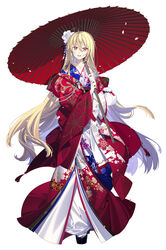  absurdres ahoge aliceliese_lou_nebulis_ix blonde_hair commentary_request female flower full_body furisode hair_flower hair_ornament haori highres holding holding_umbrella japanese_clothes kimi_to_boku_no_saigo_no_senjou_arui_wa_sekai_ga_hajimaru_seisen kimono kinchaku long_hair looking_at_viewer nekonabe_ao official_art oil-paper_umbrella open_mouth platform_footwear pouch print_kimono red_eyes sandals solo tabi umbrella very_long_hair white_background wide_sleeves zouri 