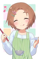  apron blue_shirt blush brown_hair buttons closed_eyes collarbone commentary eyelashes female flat_chest green_apron hair_ornament hairclip highres holding holding_ladle idolmaster idolmaster_cinderella_girls ladle long_sleeves musical_note pinstripe_pattern plate ryuzaki_kaoru shirt short_hair simple_background smile solo striped tasting_plate tongue tongue_out upper_body yama_tatsuo 