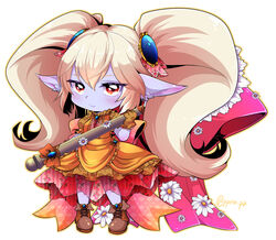  blue_skin blush boots brown_eyes closed_mouth colored_skin commentary_request dress female fewer_digits gloves hair_between_eyes holding holding_weapon league_of_legends long_hair looking_at_viewer otani_(kota12ro08) pointy_ears poppy_(league_of_legends) simple_background solo twitter_username unmoving_pattern weapon white_background yordle 