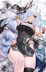  absurdres alternate_costume aqua_nails arm_up bed_sheet blue_eyes braid breast_curtain breasts bridal_gauntlets china_dress chinese_clothes dress female genshin_impact hair_ornament hair_over_one_eye highres hip_vent large_breasts long_hair looking_at_viewer low-braided_long_hair low-tied_long_hair lying on_back parted_lips photo_(object) shenhe_(genshin_impact) short_dress single_thighhigh solo sweatdrop tassel thighhighs thighs white_hair yuia 