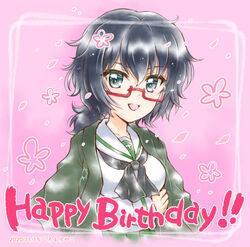  artist_name black_eyes black_hair black_neckerchief blouse commentary dated english_text female girls_und_panzer glasses haori happy_birthday japanese_clothes kuromori_yako long_sleeves looking_at_viewer medium_hair messy_hair neckerchief ooarai_school_uniform open_mouth oryou_(girls_und_panzer) petals red-framed_eyewear sailor_collar school_uniform semi-rimless_eyewear serafuku shirt short_ponytail smile solo under-rim_eyewear upper_body white_sailor_collar white_shirt 