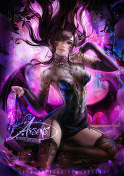  arms_up artist_name axsen backlighting banned_artist black_dress black_hair black_nails breasts brown_eyes brown_thighhighs cleavage closed_mouth d.va_(overwatch) demon_girl demon_horns demon_wings dress earrings facial_mark female garter_straps highres horns jewelry kneeling lips long_hair long_sleeves looking_at_viewer nail_polish necklace overwatch photoshop_(medium) skirt_hold smile thighhighs very_long_hair wings 