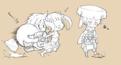  1boy 2girls boulder brown_background calm_mashiro character_request fuurai_(sekaiju) gameplay_mechanics hat monk_(sekaiju) monk_2_(sekaiju) monochrome multiple_girls sekaiju_no_meikyuu sekaiju_to_fushigi_no_dungeon swordsman_(sekaiju_4) swordsman_1_(sekaiju_4) twintails 