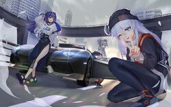  3girls artist_request beanie black_jacket black_pants black_skirt blue_eyes bow bronya_zaychik car casual city cityscape drill_hair grey_eyes grey_hair grey_hoodie grey_sky hairbow hat honkai_(series) honkai_impact_3rd hood hoodie jacket kiana_kaslana leaning_back long_hair looking_at_viewer motor_vehicle multiple_girls outdoors pants raiden_mei sandals shirt shoes skirt sky sneakers squatting standing third-party_source toes_up twin_drills v white_hair white_jacket white_shirt 