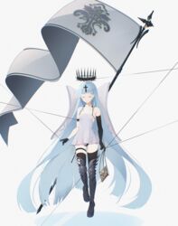  absurdly_long_hair absurdres armored_boots asymmetrical_gloves azur_lane black_gloves black_panties black_thighhighs blue_hair boots champagne_(azur_lane) closed_eyes cross_hair_ornament crown danraz0r dress elbow_gloves female flag flat_chest floating_headgear gloves hair_ornament half_gloves headgear highres hoof_shoes iris_libre_(emblem) long_hair microdress panties shirt_overhang simple_background single_elbow_glove single_half_glove solo thigh_strap thighhighs thurible underwear uneven_gloves very_long_hair white_background white_dress 