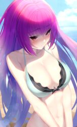  absurdres bad_id bad_pixiv_id beach bikini blue_sky blush breasts cleavage cloud cloudy_sky fate/grand_order fate_(series) female green_bikini highres horizon large_breasts looking_at_viewer navel purple_hair red_eyes sand scathach_(fate) scathach_skadi_(swimsuit_ruler)_(fate) scathach_skadi_(swimsuit_ruler)_(final_ascension)_(fate) sky swimsuit two-tone_bikini type-e.v.e 