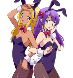  2girls amamiya_elena animal_ears back-to-back bare_shoulders black_legwear blonde_hair blue_eyes bow bowtie commentary covered_navel cowboy_shot dark-skinned_female dark_skin detached_collar fake_animal_ears fake_tail from_side hand_on_own_face hand_on_own_forehead highres kaguya_madoka leotard locked_arms long_hair looking_at_viewer mole mole_under_eye multiple_girls open_mouth pantyhose playboy_bunny precure purple_eyes purple_hair purple_leotard rabbit_ears rabbit_tail red_bow red_bowtie simple_background smile standing star_twinkle_precure strapless strapless_leotard tail uraki white_background wing_collar wrist_cuffs 