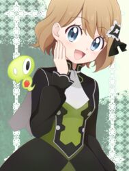  :d ascot black_dress black_ribbon blonde_hair blush buttons capelet commentary_request dress eyelashes female green_background grey_eyes hair_ornament hair_ribbon hand_up happy highres kouzuki_(reshika213) long_sleeves looking_at_viewer official_alternate_costume open_mouth pokemon pokemon_(creature) pokemon_masters_ex ribbon serena_(pokemon) serena_(sygna_suit)_(pokemon) short_hair smile tongue white_ascot white_capelet zygarde zygarde_core 