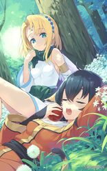  2girls aged_down animal_ears blonde_hair blue_eyes blue_hair breasts cat_ears cat_girl cat_tail closed_eyes closed_mouth commentary_request company_name food highres karulau medium_breasts multiple_girls open_mouth short_hair smile tail tam-u tree ulthury utawarerumono wings 