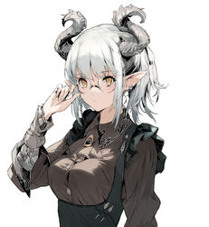  adjusting_eyewear ascot breasts brown_shirt character_request clothing_request copyright_request earrings female fingernails glasses hand_on_eyewear highres hirooka_masaki horns jewelry pointy_ears sharp_fingernails shirt short_ponytail sidelocks simple_background solo upper_body white_background white_hair wing_collar yellow_eyes 