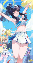  3girls ahoge animal_ears armpits bare_shoulders black_hair blonde_hair blue_archive blue_sky blush breasts bright_pupils cheering cheerleader cloud commentary confetti day dog_ears dog_girl dog_tail glasses halo hibiki_(blue_archive) hibiki_(cheer_squad)_(blue_archive) highres holding holding_pom_poms holding_wrench jacket kotama_(blue_archive) kotori_(blue_archive) kotori_(cheer_squad)_(blue_archive) kuronuma_s long_hair long_sleeves looking_at_viewer midriff millennium_cheerleader_outfit_(blue_archive) multiple_girls navel official_alternate_costume open_mouth outdoors pleated_skirt pom_pom_(cheerleading) ponytail purple_hair red_eyes shoes skirt sky sneakers standing standing_on_one_leg star_sticker tail teardrop-framed_glasses tearing_up tears thigh_strap utaha_(blue_archive) utaha_(cheer_squad)_(blue_archive) white_pupils white_skirt wrench yellow_halo 