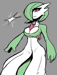  3:4 absurd_res breasts cleavage clothed clothing dress eyelashes female gardevoir generation_3_pokemon green_body green_hair grey_background hair hair_over_eye hi_res humanoid looking_at_viewer nintendo one_eye_obstructed pokemon pokemon_(species) red_eyes simple_background solo thick_thighs white_body white_clothing white_dress wide_hips zepiereite 