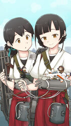  2girls :o aircraft battle_garegga black_hair brown_eyes closed_mouth eating fairy_(kancolle) food g-1010_silver_sword_(battle_garegga) gloves grey_gloves hakama highres holding holding_food japanese_clothes kantai_collection kasuga_maru_(kancolle) multiple_girls nwr outdoors parted_lips red_hakama rigging single_glove taiyou_(kancolle) un&#039;you_(kancolle) yawata_maru_(kancolle) 