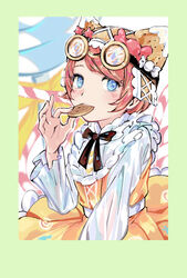  black_ribbon blue_eyes border bright_pupils brown_hair candy candy_cane candy_wrapper commentary_request dress eating female food frilled_dress frills goggles goggles_on_head green_border hat highres identity_v ieiieiiei lollipop long_sleeves looking_at_viewer neck_ribbon official_alternate_costume puffy_sleeves ribbon short_hair sitting solo swirl_lollipop symbol-shaped_pupils tracy_reznik tracy_reznik_(candy_girl) white_pupils 