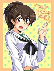  black_neckerchief black_ribbon blouse border brown_eyes brown_hair character_name commentary crop_top crop_top_overhang english_text female girls_und_panzer hair_ribbon happy_birthday koyama_yuzu long_sleeves looking_at_viewer medium_hair midriff navel neckerchief notice_lines ooarai_school_uniform oosaka_kanagawa open_mouth orange_border outline polka_dot polka_dot_background ribbon sailor_collar school_uniform serafuku shirt short_ponytail smile solo upper_body waving white_outline white_sailor_collar white_shirt yellow_background 