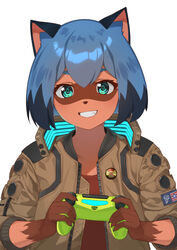  :d animal_ear_fluff animal_ears animal_nose badge blue_hair bob_cut brand_new_animal brown_jacket brown_shirt button_badge claws commentary controller cosplay cyberpunk_(series) cyberpunk_2077 female furry furry_female game_console game_controller glowing green_eyes grin hair_between_eyes highres holding holding_controller holding_game_controller imori_(lizzy) jacket kagemori_michiru looking_at_viewer multicolored_hair open_mouth patch playstation_4 raccoon_ears raccoon_girl samurai_jacket_(cyberpunk) shirt short_hair smile solo symbol-only_commentary teeth thick_eyebrows two-tone_hair unzipped upper_body v_(cyberpunk) v_(cyberpunk)_(cosplay) 