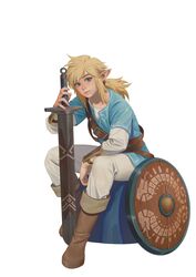  1boy androgynous belt bishounen blonde_hair blue_eyes blue_shirt blush boots brown_footwear champion&#039;s_tunic_(zelda) closed_mouth collarbone commentary_request full_body highres holding holding_sword holding_weapon hongcasso korean_commentary layered_sleeves link long_hair long_sleeves looking_at_viewer male_focus pants pointy_ears ponytail shield shirt short_over_long_sleeves short_sleeves simple_background sitting solo sword the_legend_of_zelda the_legend_of_zelda:_breath_of_the_wild weapon white_background white_pants wooden_shield 