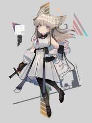  absurdres animal_ear_fluff animal_ears arknights arknights:_endfield bare_shoulders blue_eyes blush breasts brown_hair closed_mouth dress female full_body gloves highres jacket off_shoulder pantyhose perlica_(arknights) ryu_(17569823) sleeveless sleeveless_dress solo sparkle sword weapon white_dress white_jacket 