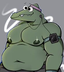  absurd_res alligator alligatorid anthro belly clothed clothing crocodilian gentle_lorenzo green_body green_skin hi_res later_alligator male moobs nipples non-mammal_nipples overweight overweight_anthro overweight_male reptile salamikii scalie solo teeth 