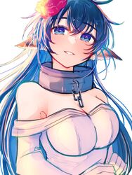  animal_ears bare_shoulders blue_eyes blue_hair breasts cat_ears cat_girl cleavage collar commentary_request dress female flower grin hair_flower hair_ornament karulau large_breasts long_hair looking_at_viewer metal_collar smile solo utawarerumono yasonomugi 