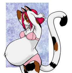  2011 anthro belly big_belly black_body black_fur bra brown_body brown_eyes brown_fur calico_cat clothed clothing domestic_cat felid feline felis female fur hair hands_behind_head highlights_(coloring) mammal mottled panties piebald pink_hair pregnant pregnant_anthro pregnant_female simple_background smile solo thealtoid underwear white_body white_fur 