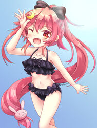  &gt;_&lt; ;d arm_up bare_arms bare_shoulders bikini black_bikini blue_background blush bow bow_bikini collar commentary_request crescent crescent_hair_ornament female gradient_background hair_between_eyes hair_ornament kantai_collection long_hair looking_at_viewer navel oerba_yun_fang one_eye_closed ponytail rabbit_hair_ornament red_eyes red_hair sills smile solo swimsuit uzuki_(kancolle) very_long_hair 