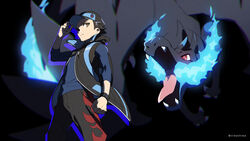  1boy alternate_color bad_id bad_twitter_id badge baseball_cap black_background black_coat blue_fire blue_shirt blurry breath_weapon brown_eyes charizard clenched_hand closed_mouth coat commentary dragon fire hand_on_headwear hat highres male_focus mega_charizard_x mega_pokemon pants pokemon pokemon_(creature) pokemon_masters_ex popped_collar red_(pokemon) red_(sygna_suit)_(pokemon) shirt short_hair sideways_glance xia_(ryugo) 