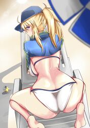  absurdres ahoge artoria_pendragon_(fate) ass back baseball_cap beach_chair bikini blonde_hair blue_eyes blue_hat blue_jacket blush breasts cropped_jacket fate/grand_order fate_(series) feet female hair_through_headwear hat highres jacket large_breasts long_hair long_sleeves looking_at_viewer looking_back marishiten mysterious_heroine_xx_(fate) ponytail shrug_(clothing) sidelocks sitting solo swimsuit thighs wariza white_bikini wristband 