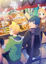  2boys 5girls aqua_hair banner blonde_hair blue_coat blush_stickers bottle bow brown_coat chikuwa chopsticks coat commentary daikon everyone food from_above green_coat hair_ornament hairbow hairclip hatsune_miku holding holding_bottle holding_chopsticks kagamine_len kagamine_rin kaito_(vocaloid) konnyaku_(food) long_hair looking_at_viewer meal megurine_luka meiko_(vocaloid) multiple_boys multiple_girls nail_polish night noodles octopus open_mouth out_of_frame pink_hair plate purple_scarf radish red_nails rin_no_youchuu sake_bottle sausage scarf shirt short_ponytail sinaooo sitting smile snowflakes solid_oval_eyes spiked_hair swept_bangs takoluka tofu twintails v-shaped_eyebrows very_long_hair vocaloid white_bow white_shirt 