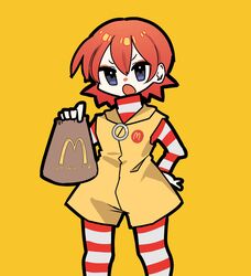  100_percent_orange_juice bag clown female hand_on_own_hip highres kasumi_koujou looking_at_viewer mcdonald&#039;s nanako_(orange_juice) open_mouth pantyhose red_hair romper ronald_mcdonald striped_clothes striped_pantyhose striped_sleeves yellow_background yellow_romper 