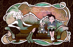  1boy 2girls absurdres big_hair black_pants book copyright_name couch earrings edalyn_clawthorne highres jewelry king_(the_owl_house) long_hair luz_noceda multiple_girls oerba_yun_fang open_book pants pointy_ears short_hair sitting the_owl_house tomidoron very_long_hair white_footwear 