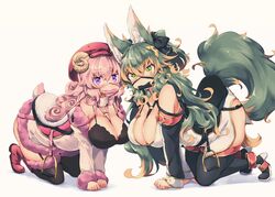  2girls all_fours animal_ear_fluff animal_ears bare_shoulders between_breasts bit_gag black_bow black_footwear black_thighhighs bow breasts bridle cleavage commentary_request curly_hair full_body gag gag_harness gagged green_hair hairbow harness hat high_heels kuromiya kuromiya_raika_(kuromiya) kuzakura_mika_(kuromiya) large_breasts long_hair looking_at_viewer multicolored_hair multiple_girls orange_hair original pink_hair pony_play purple_eyes red_footwear red_headwear reins saddle shoes simple_background stirrups_(riding) tail take_your_pick thighhighs tiptoes two-tone_hair yellow_background 