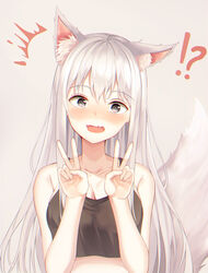  !? absurdres animal_ear_fluff animal_ears bad_id bad_pixiv_id bare_arms bare_shoulders black_eyes black_shirt breasts cleavage collarbone commentary crop_top double_v female fox_ears fox_girl fox_tail hands_up haru_(muyang) highres large_breasts long_hair looking_at_viewer midriff muyang oerba_yun_fang open_mouth original shirt sleeveless sleeveless_shirt solo symbol-only_commentary tail upper_body v white_hair 