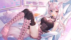  :3 alllisso animal_ears black_panties black_thighhighs blue_eyes boots breasts chair commission computer_keyboard facial_mark fang_out female food fox_ears fox_girl fox_tail gaming_chair heterochromia highres indie_virtual_youtuber large_breasts looking_at_viewer lying miniskirt monitor mouth_hold multicolored_hair nachos oerba_yun_fang on_back panties pink_footwear pink_hair pink_skirt red_eyes skirt smile swivel_chair tail thighhighs torn_clothes torn_thighhighs toulie_(vtuber) two-tone_hair underwear virtual_youtuber whisker_markings white_hair 