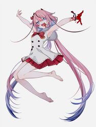  1other armpits arms_up barefoot bead_bracelet beads black_hair blood blood_on_face blood_on_hands blue_eyes blue_hair bow bowtie bracelet commentary crazy_smile dress full_body gradient_hair gynoid_talk hair_flaps hairbow highres horns jewelry long_hair looking_at_viewer meika_hime midair multicolored_hair oerba_yun_fang open_mouth pink_hair raised_eyebrows red_bow red_bowtie red_skirt sailor_collar short_dress skirt sleeveless sleeveless_dress smile solo star-shaped_pupils star_(symbol) streaked_hair symbol-shaped_pupils very_long_hair vocaloid white_dress white_sailor_collar yodare_(3yami8) 