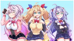  3girls absurdres ahoge alternate_costume azur_lane black_jacket black_skirt blonde_hair blue_background book bow breasts brown_sweater cellphone collared_shirt cowboy_shot english_commentary fj_hatsu green_eyes grenville_(azur_lane) highres holding holding_book holding_phone jacket l&#039;opiniatre_(azur_lane) large_breasts le_temeraire_(azur_lane) long_hair looking_at_viewer microskirt multiple_girls one_eye_closed open_clothes open_jacket open_mouth oppai_loli phone pink_jacket pleated_skirt purple_eyes purple_hair purple_skirt red_bow school_uniform shirt simple_background skirt smartphone sweater twintails two-tone_skirt underbust very_long_hair white_shirt 