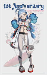  :d absurdres anniversary arms_up beruko14 blue_hair blue_nails crop_top double_v drawstring female full_body grin highres hololive hololive_indonesia jacket kobo_kanaeru kobo_kanaeru_(1st_costume) long_hair long_sleeves looking_at_viewer midriff multicolored_hair nail_polish navel open_clothes open_jacket pants parted_lips see-through shoes sleeves_past_wrists smile sneakers solo standing two-tone_hair umbrella unbuttoned unzipped v very_long_hair virtual_youtuber white_footwear white_hair white_jacket white_pants yoga_pants 