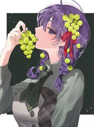  alternate_costume alternate_hairstyle braid breasts buttons collared_dress commentary_request dress eating fate/stay_night fate_(series) female fingernails food food-themed_hair_ornament food_in_mouth food_on_head fruit fruit_on_head grape_hair_ornament grapes green_dress green_neckwear hair_ornament hair_ribbon highres holding holding_food holding_fruit lips long_hair long_sleeves looking_at_viewer matou_sakura medium_breasts object_on_head open_mouth pink_lips plaid purple_eyes purple_hair red_ribbon ribbon shimatori_(sanyyyy) solo teeth upper_body upper_teeth_only 