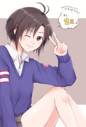  antenna_hair black_hair female highres idolmaster idolmaster_(classic) iso_(nh15mint) kikuchi_makoto looking_at_viewer one_eye_closed purple_eyes short_hair sitting smile solo sweater v v-neck 